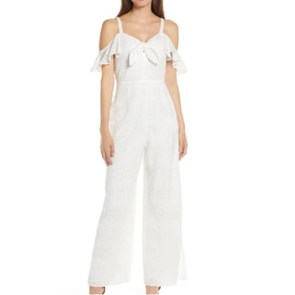 Julia Jordon Jumpsuit Lace Eyelet Wide-Leg Womens 4 White Wedding Off Shoulder